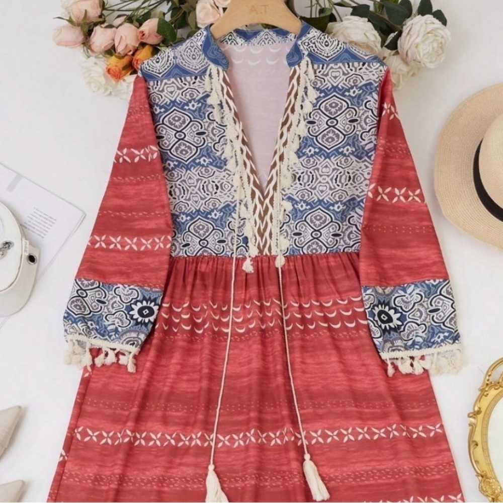 ♥️ Red Casual Woman’s Floral Printed Patchwork Tassel Dress